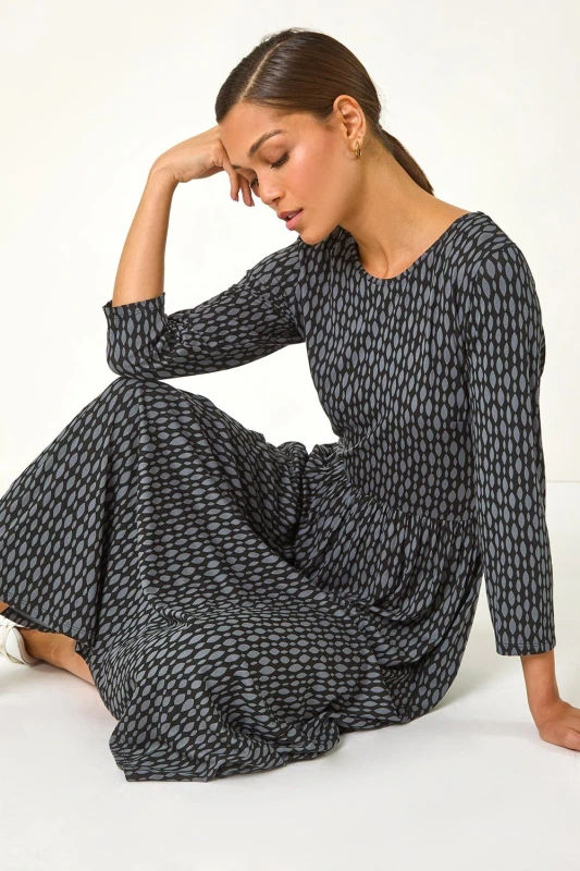 Image of Roman Womens Geometric Pocket Stretch Midi Dress in Grey Size: 12 Grey Female 12