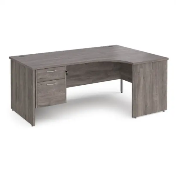 Image of Maestro 25 Maestro 25 right hand ergonomic desk 1800mm wide with 2 drawer pedestal - grey oak top with panel end leg MP18ERP2GO