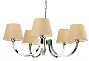 Image of Fairmont 5 Light Multi Arm Chandelier Polished Stainless Steel, Cream Linen Shade, E14