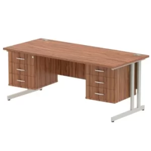 image of Impulse 1800 Rectangle Silver Cant Leg Desk WALNUT 2 x 3 Drawer Fixed Ped