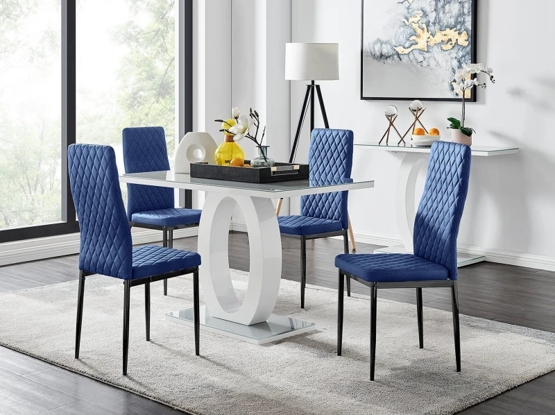 Image of FurnitureboxUK FurnitureboxUK Giovani 4 Grey Dining Table & 4 Velvet Milan Black Leg Chairs in Navy Navy One Size Unisex 5056657146672