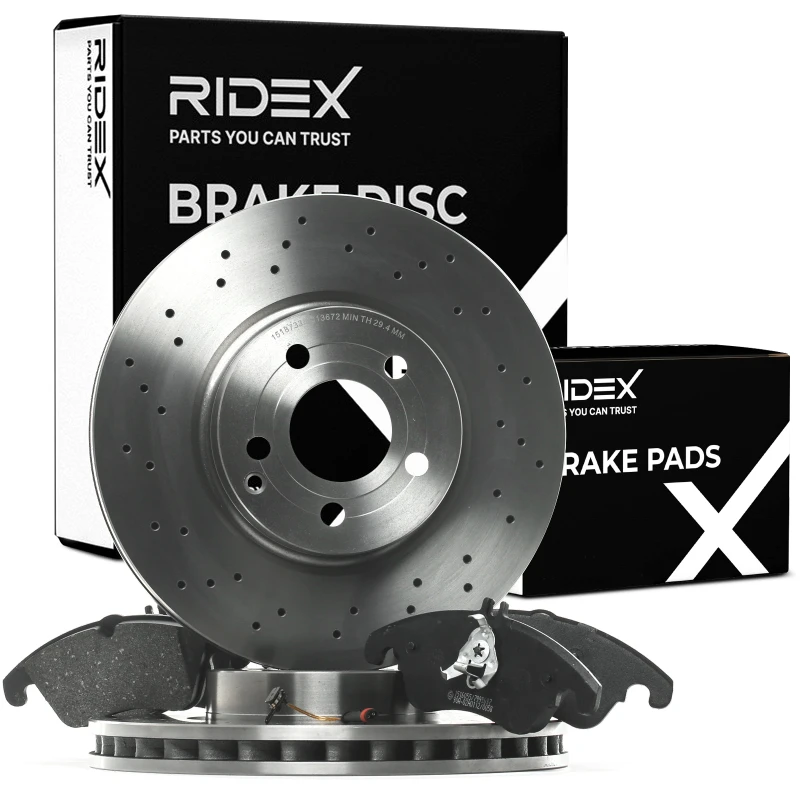 Image of RIDEX 3405B0466 Brake disc and pads set Front Axle, Brake Disc Type: perforated/vented, prepared for wear warning indicator, with anti-squeak plate B