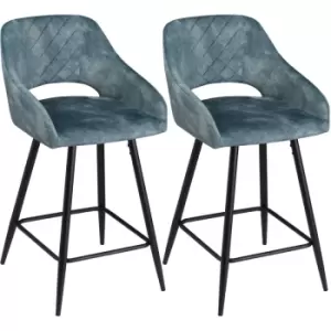 image of Bar Stools Set of 2, Velvet-Touch Fabric Counter Height Bar Chairs Blue - Blue