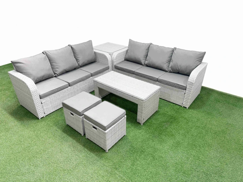 Image of Fimous Outdoor Garden Furniture Sets 8 Seater Wicker Rattan Furniture Sofa Sets with Oblong Coffee Table high Back Lounge Sofa Stools Side Table Light