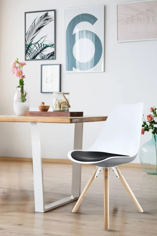 Image of Fusion Living Soho Plastic Dining Chair With Pyramid Light Wood Legs White & Black FL1795