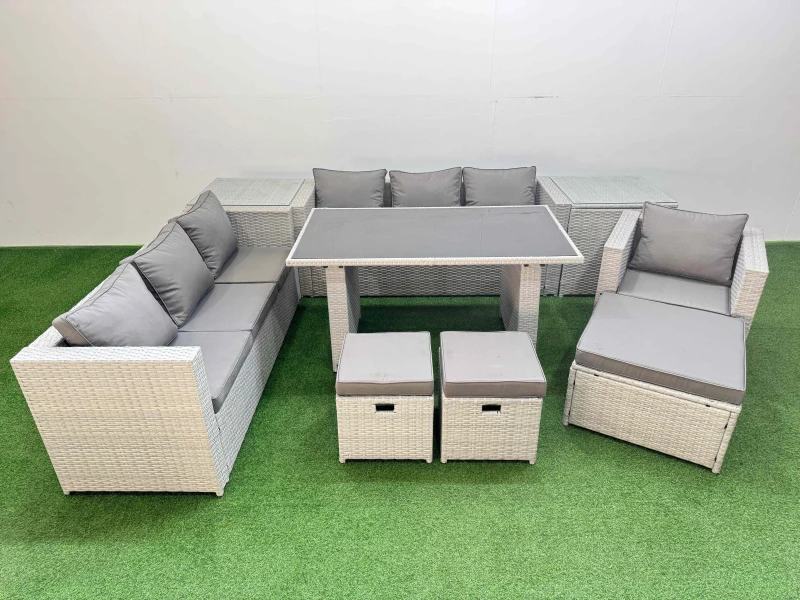 Image of FIMOUS Patio Garden Furniture Sets with Black Glass Top Dining Table 3 Seater Sofa Armchair 2 Side Tables 3 Stool Light Grey - Fimous B400010106090912