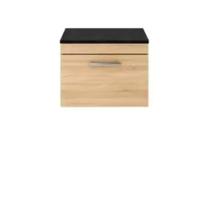 image of Nuie Athena 600 Wall Hung Single Drawer Vanity & Sparkling Black Worktop - Natural Oak