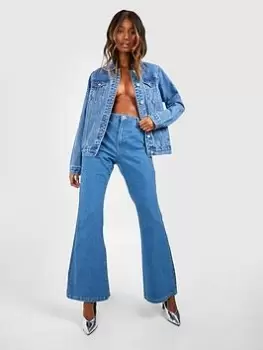 Image of Boohoo High Waisted Disco Flare Jean - Mid Wash, Blue, Size 8, Women