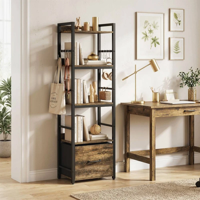 Image of HOMCOM 4-Tier Bookshelf, Shelving Unit with Drawer, 8 Hooks in Brown Brown Unisex