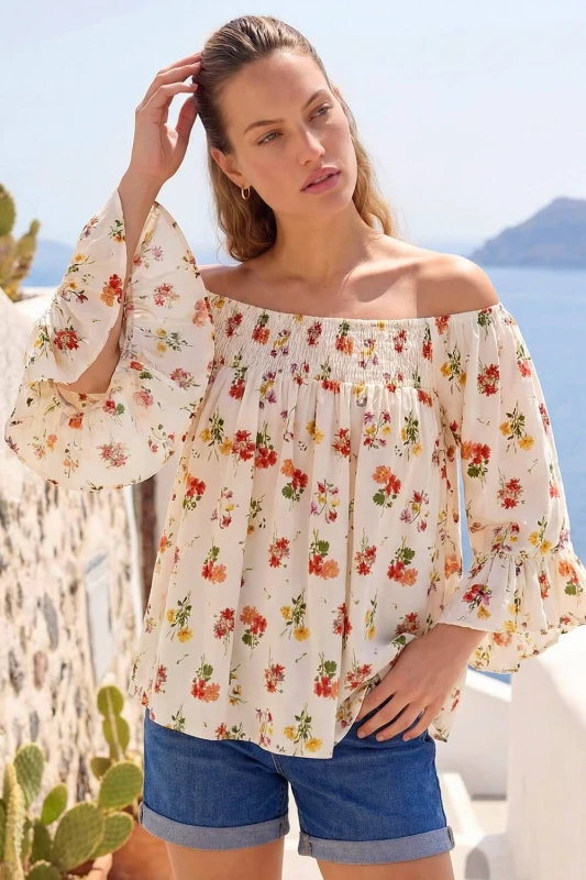 Image of Roman Womens Floral Print Bardot Top in White Size: 16 White Female 16