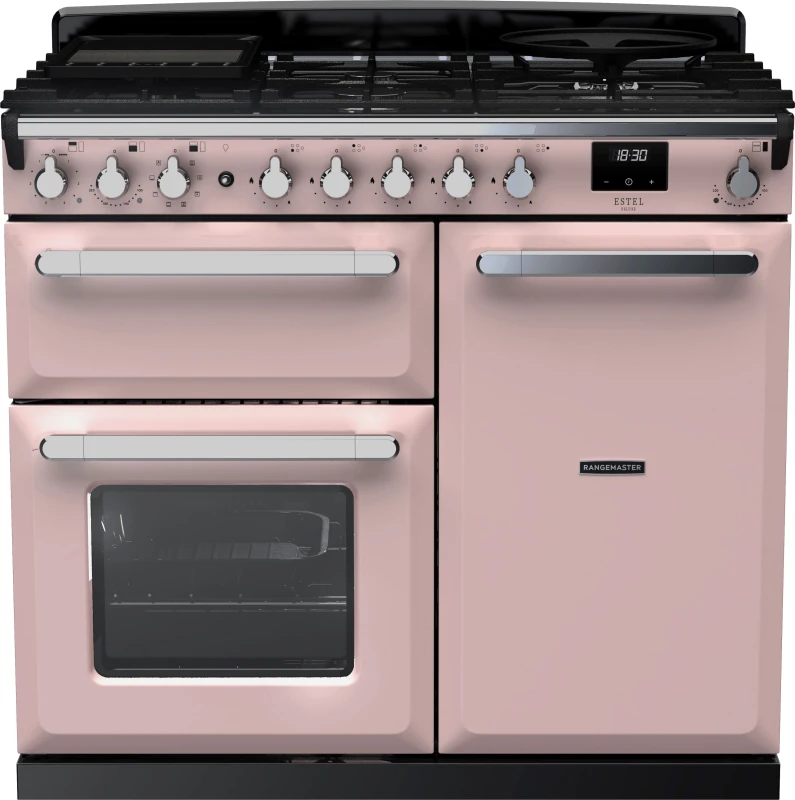 Image of Rangemaster Estel Deluxe ESDL100DFPPPK/CM1 100cm wide Dual Fuel Range Cooker with Gas Hob - Pale Pink / Chrome - A/A Rated