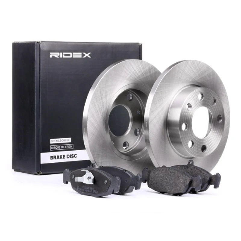 Image of RIDEX 3405B0080 Brake disc and pads set Front Axle, Brake Disc Type: Solid, excl. wear warning contact Brake Set,disc brakes (3405)