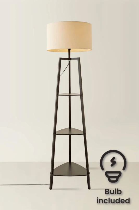Image of ValueLights ValueLights Hiru Black 3 Tier Shelf Floor Lamp with Large Drum Shade and Bulb in Cream Cream One Size Unisex 5059406034466