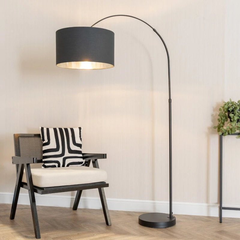 Image of ValueLights ValueLights Louis Black Arched Floor Lamp with Fabric Drum with Chrome Inner Shade & Bulb Black One Size Unisex 5059406061233