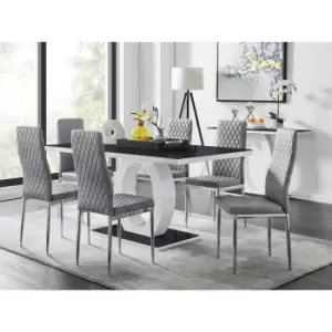 Image of Furniturebox UK - Furniturebox Giovani 6 Black Dining Table & 6 Grey Milan Velvet Dining Chairs Diamond Stitch Modern Contemporary Chrome Metal