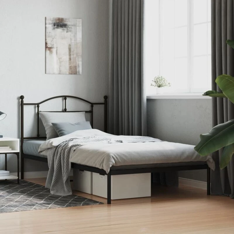 Image of Vidaxl Metal Bed Frame Without Mattress With Headboard Black 107X203 Cm, Black 353435