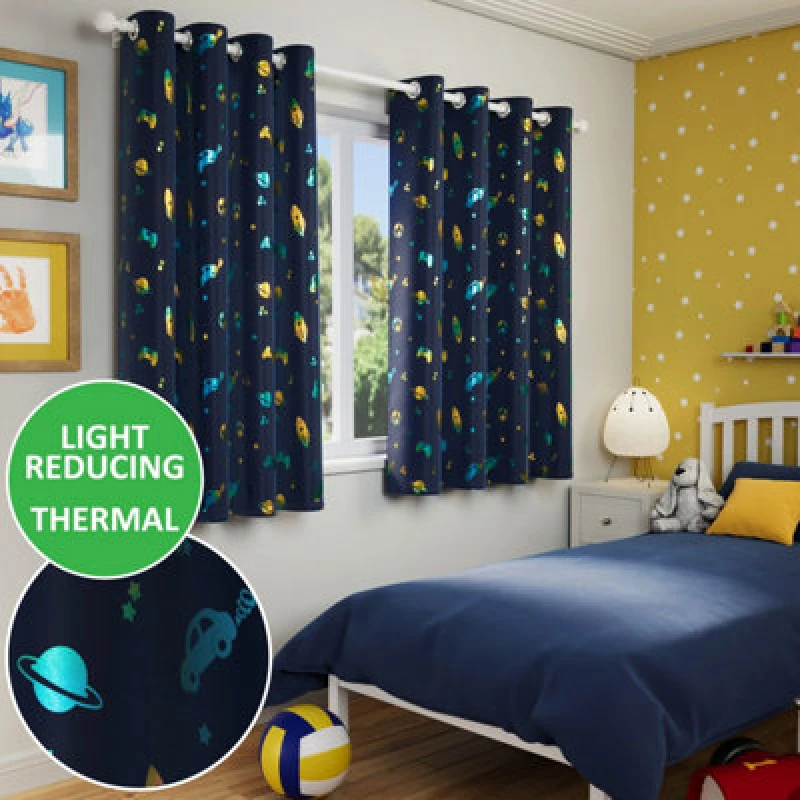 Image of Enhanced Living Kids Blue Space and Football Thermal Room Darkening Eyelet Curtain - For Childrens Bedroom Blue