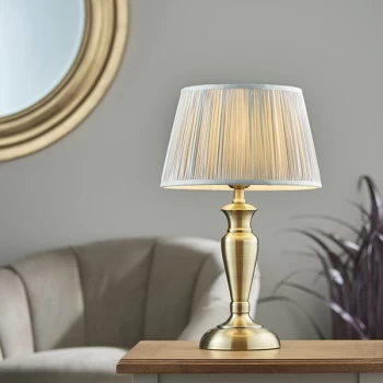 image of Freya Table Lamp Antique Brass Plate & Silver Silk 1 Light IP20 - E27