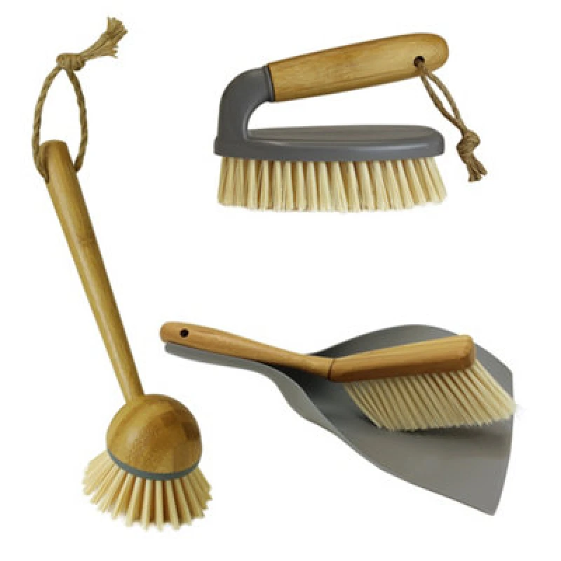 Image of JVL Bamboo Cleaning Essentials, Dustpan, Scrubbing Dish Brush Set of 3 Brown