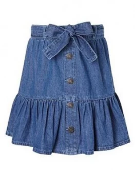 image of Monsoon Girls Denim Frill Skirt With Belt - Blue, Size Age: 9-10 Years, Women