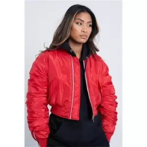 Image of I Saw It First Red Ruched Sleeve Padded Bomber Jacket - Red