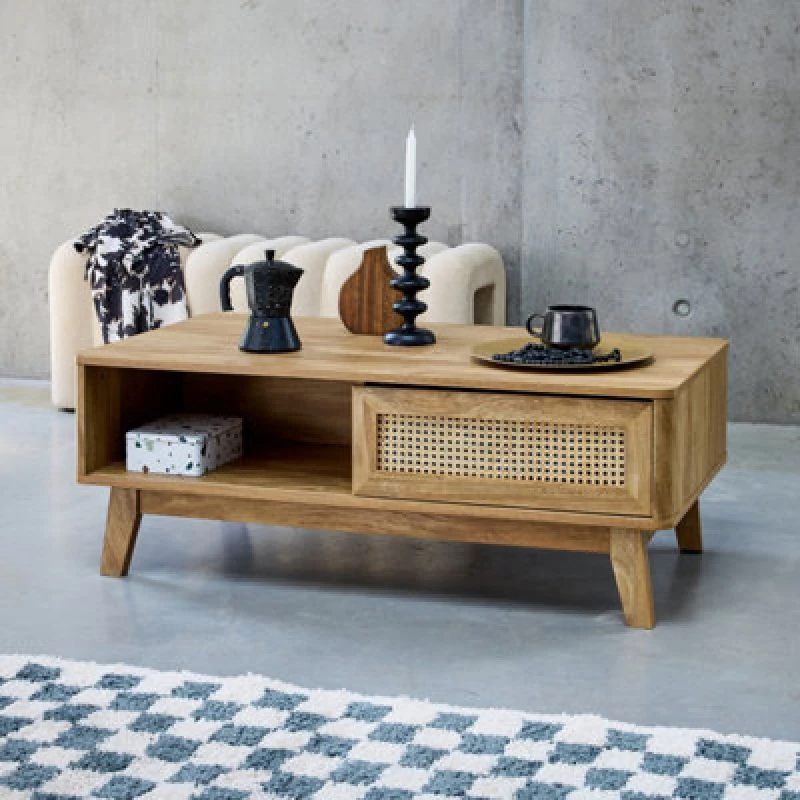 Image of sweeek Coffee Table With Sliding Door Wood And Cane Effect Light Brown