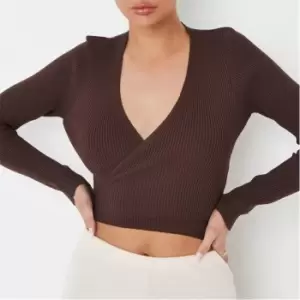 Image of Missguided Petite Rib Wrap Knit Crop Top - Brown