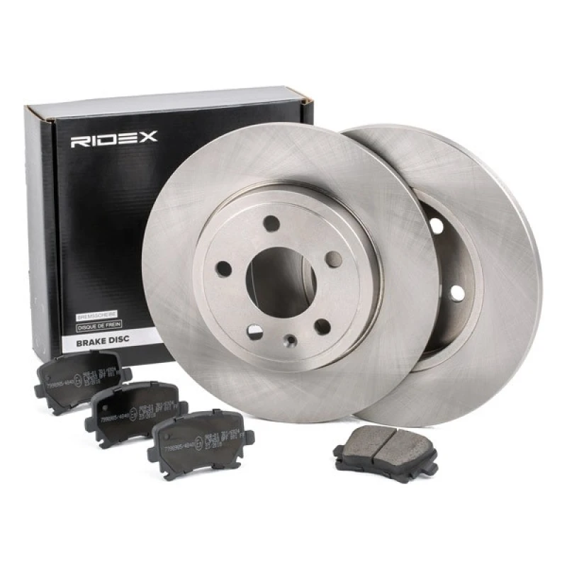 Image of RIDEX 3405B0186 Brake disc and pads set Rear Axle, Brake Disc Type: Solid, prepared for wear warning indicator, with anti-squeak plate Brake Set,disc
