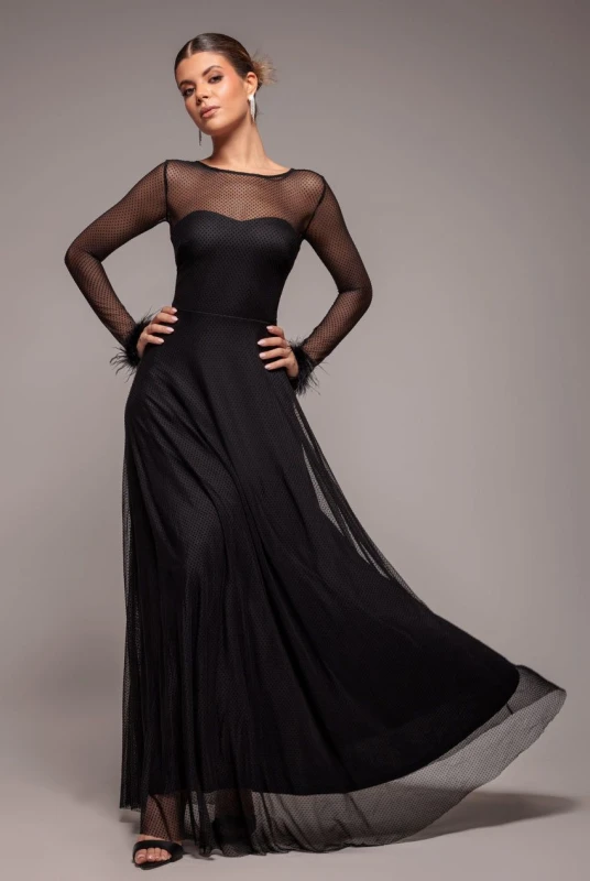 Image of Goddiva Womens Dobby Mesh Feather Sleeve Hem Maxi in Black Size: 8 Black Female 8
