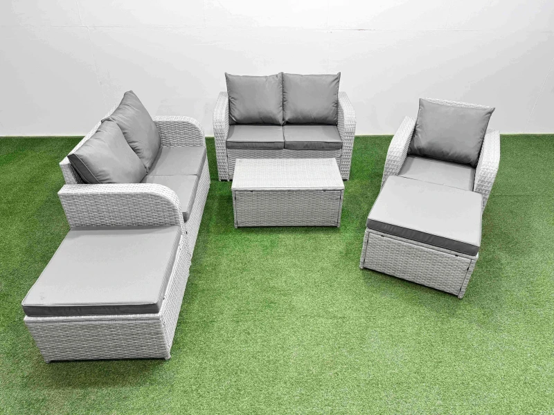 Image of Fimous High Back Poly Rattan Garden Furniture Set with Reclining Chair Loveseat Sofa Rectangular Coffee Table Indoor Outdoor Patio Set 2 Big Stool Li