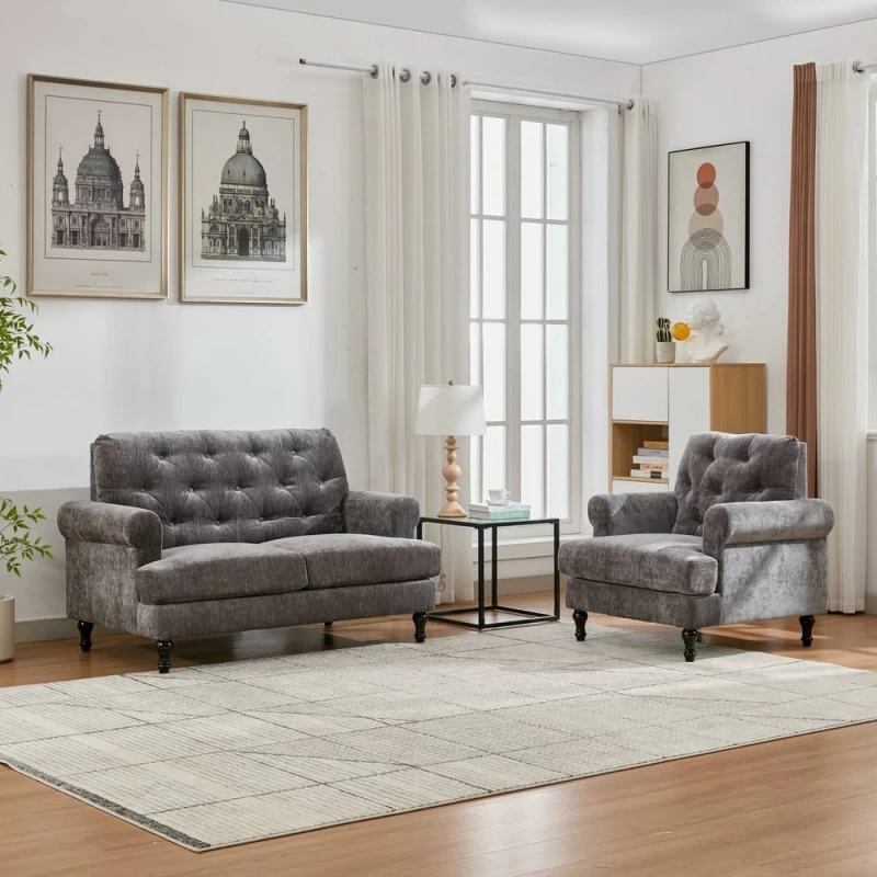 Image of FURNITURE ONE Velvet Tufted Sofa Set, Gray Sectional Couch -1+2 Set in Grey Size: 1 Pack Grey Unisex 1 Pack