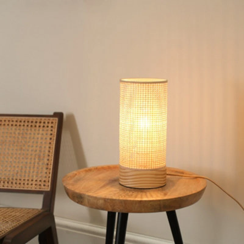 Image of ValueLights Elsa Natural Wooden Compact Table Lamp with LED Bulb Natural