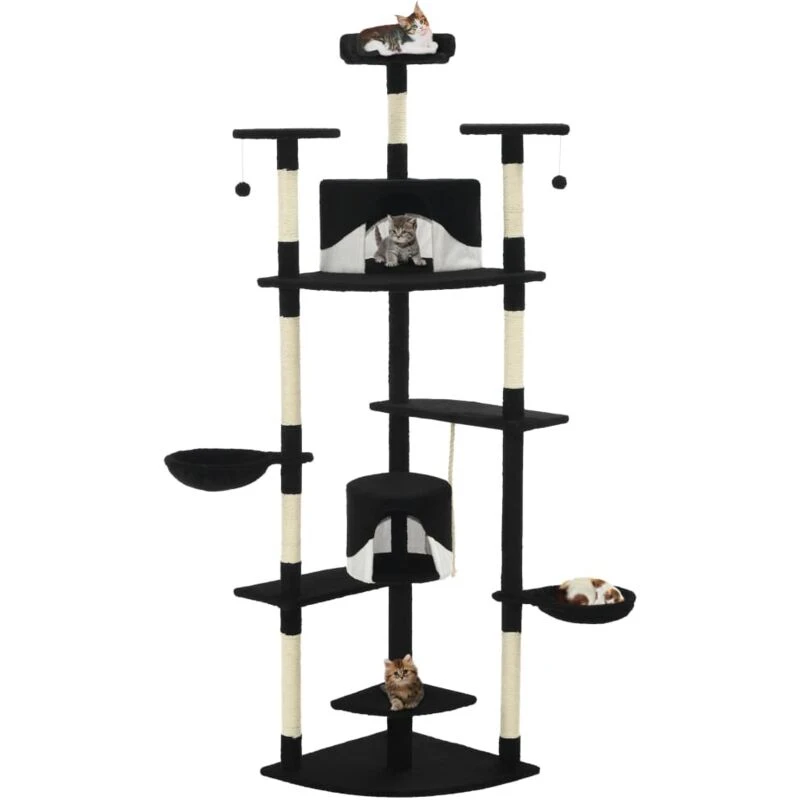 Image of vidaXL Cat Tree with Sisal Scratching Posts 203cm Black and White Playhouse