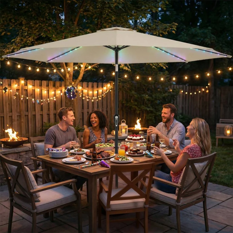 Image of OUTSUNNY 3m Garden Parasol Umbrella with LED Lights, Patio Umbrella in Beige Size: 3m x 3m Beige Unisex 3m x 3m