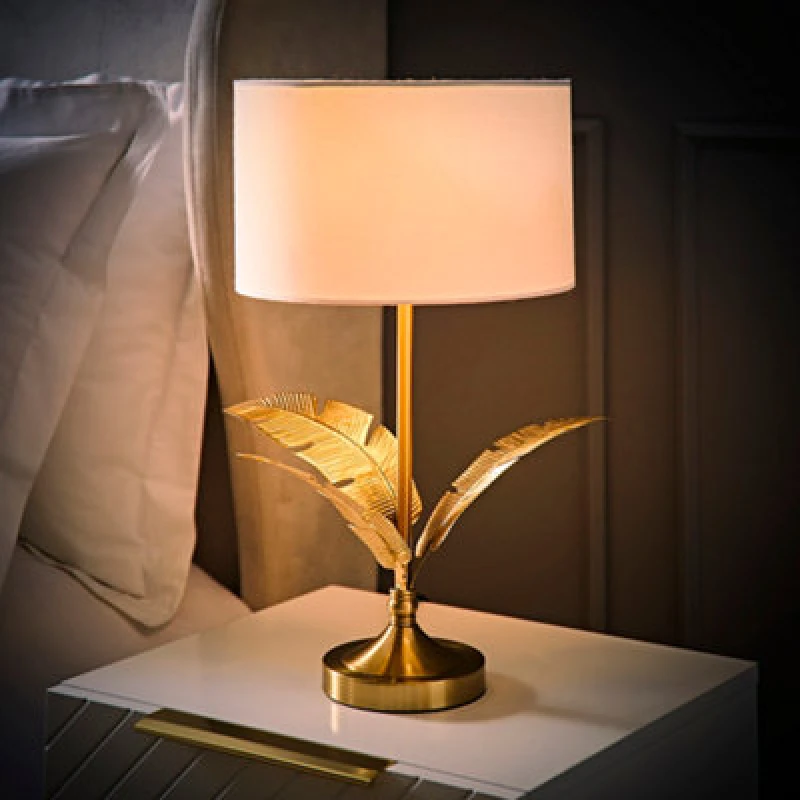 Image of ValueLights ValueLights Christina Fabric Drum Shade Gold Palm Leaf Detail Stem Table Lamp with LED Bulb in White White One Size Unisex 5059406067297
