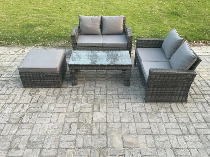 Image of Fimous 4 Pieces Garden Furniture Sets Poly Rattan Outdoor Patio Furniture PE Wicker Furniture Set with Big Footstool Loveseat in Dark Grey Dark Grey U