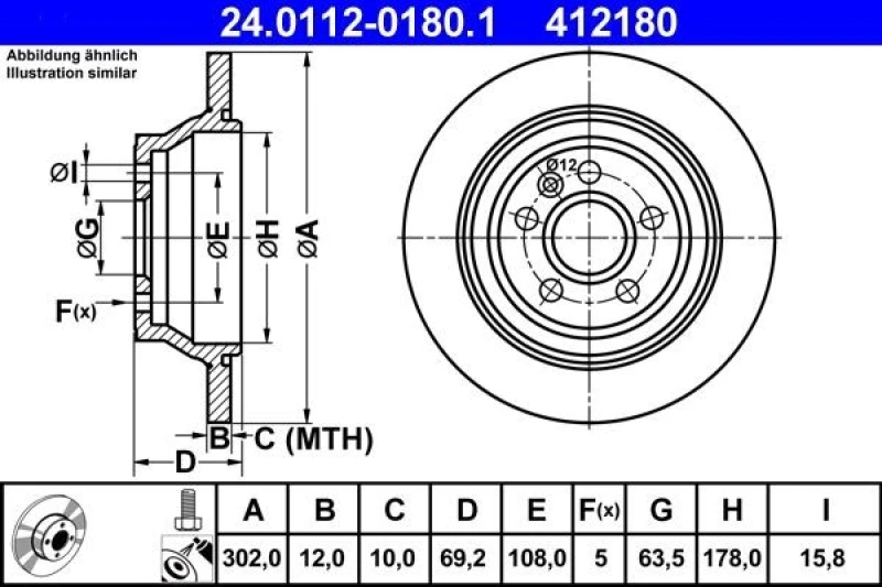 Image of ATE 24.0112-0180.1 Brake disc solid, Coated, with bolts/screws Brake Disc (82)