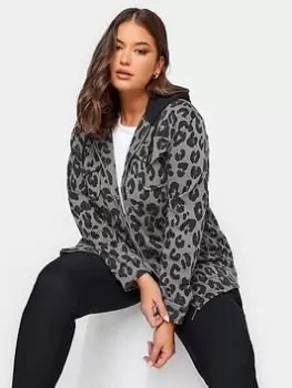 image of Yours Hooded Sweat Shacket Grey Leopard, Black, Size 14, Women