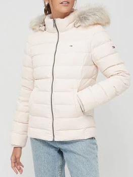 image of Tommy Jeans Faux Fur Hooded Padded Down Jacket - Stone Size XS Women