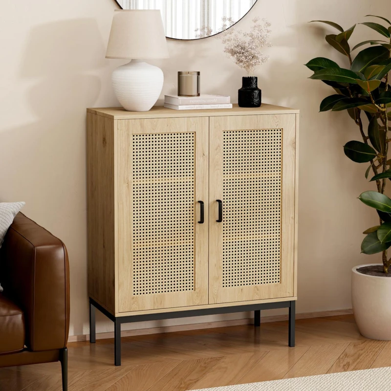 Image of VonHaus Lena 2 Door Tall Rattan Sideboard Cabinet Brown