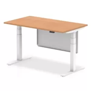 Image of Air 1400 x 800mm Height Adjustable Desk Oak Top White Leg With White Steel Modesty Panel
