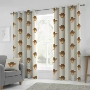 image of Fusion Highland Cow Print 100% Cotton Eyelet Lined Curtains, Natural, 66 x 90 Inch