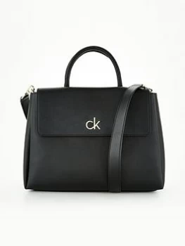 Calvin Klein Re-Lock Medium Tote with Flap - Black, White, Women