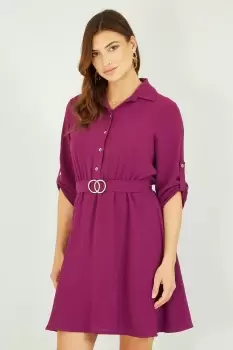 Pink Belted Shirt Dress With Gold Buckle