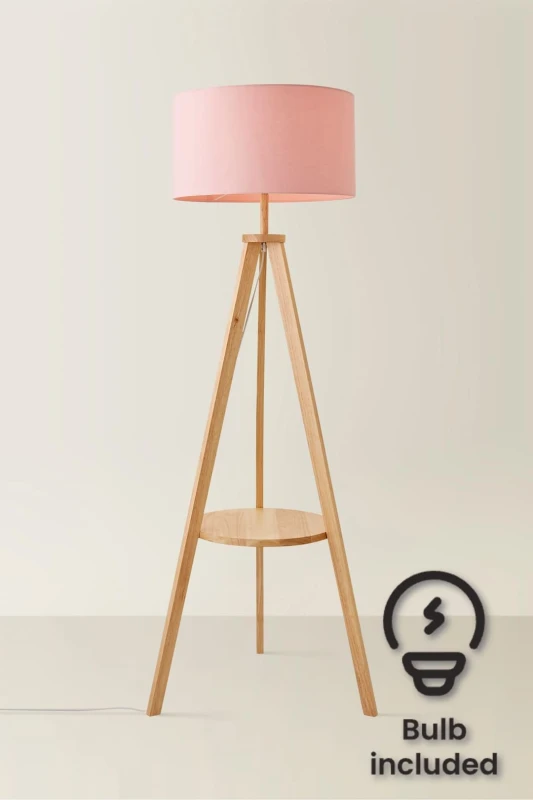 Image of ValueLights Morrigan Light Wood Tripod Floor Lamp With Fabric Drum Lamp Shade and LED Bulb Pale Pink