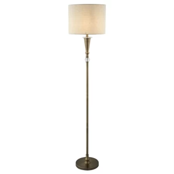 image of Searchlight Oscar - 1 Light Floor Lamp Antique Brass, Cream with Linen Shade, E27