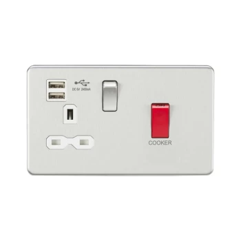 Image of Knightsbridge 45A DP Switch & 13A Switched Socket with Dual USB Charger 2.4A - Brushed Chrome with white insert