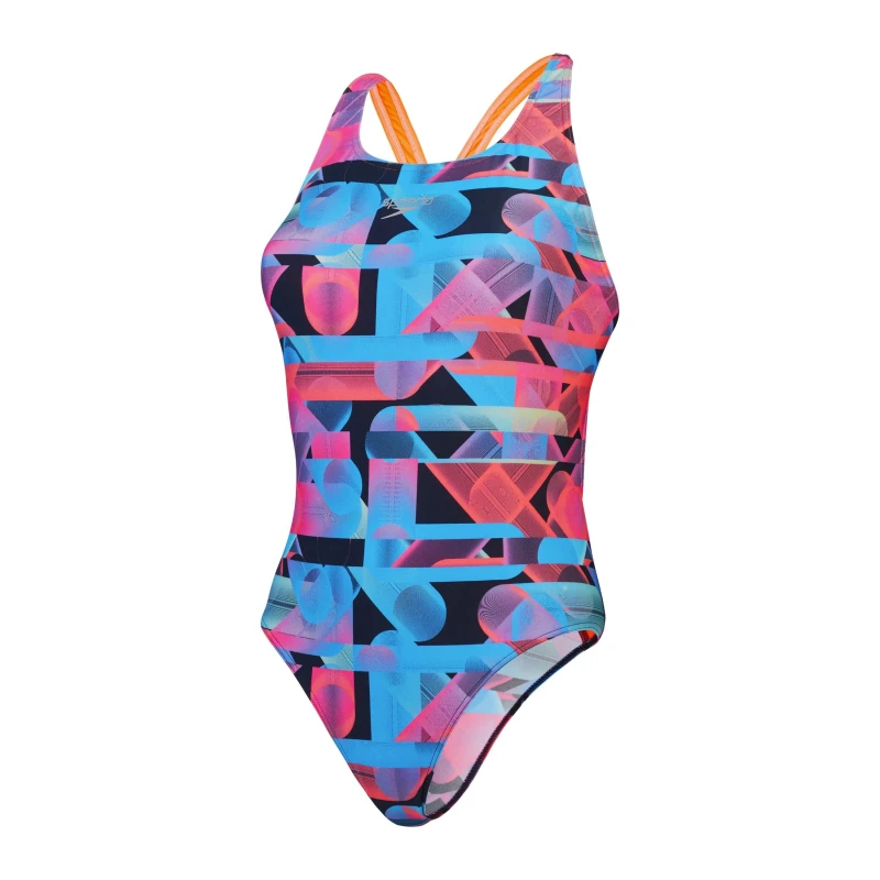 Image of Speedo Womens Allover Digital Powerback One Piece Swimsuit Siren Red/Blue female 10 (S)