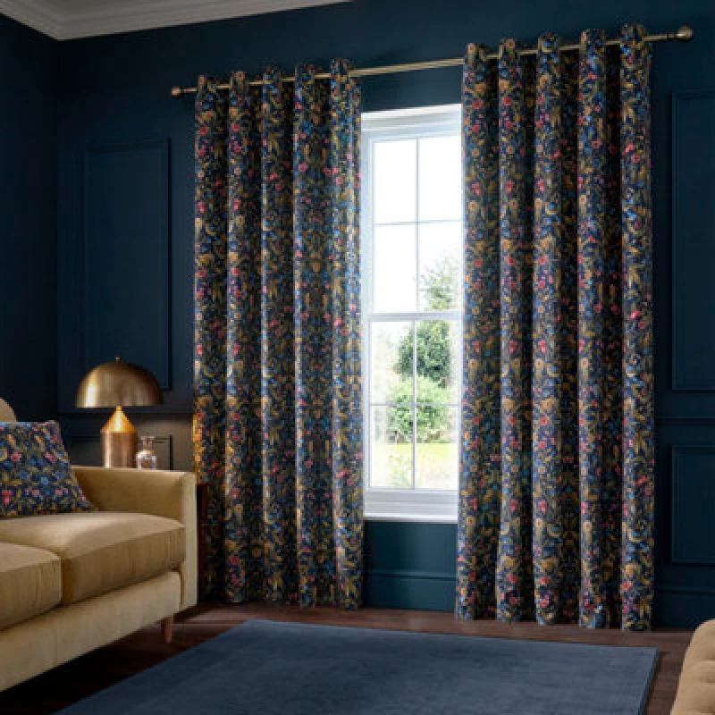 Image of Catherine Lansfield Hedgerow Hopper 46X72 Inch Lined Eyelet Curtains Two Panels Navy Blue