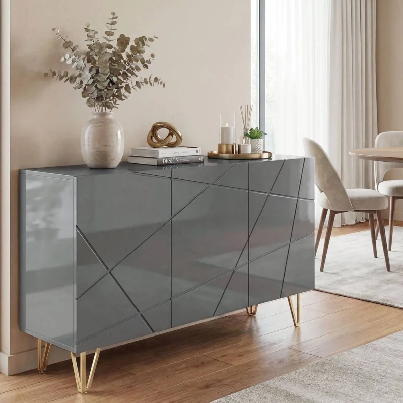 Image of HOMCOM Storage Cabinet, Sideboard with Adjustable Shelves, High Gloss Grey Grey Unisex